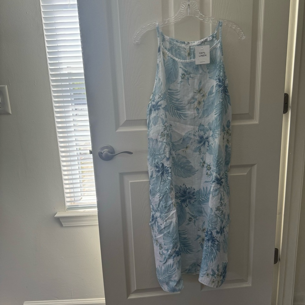 NWT 100% Linen Italian Midi Floral White Light Blue Dress Various Sizes